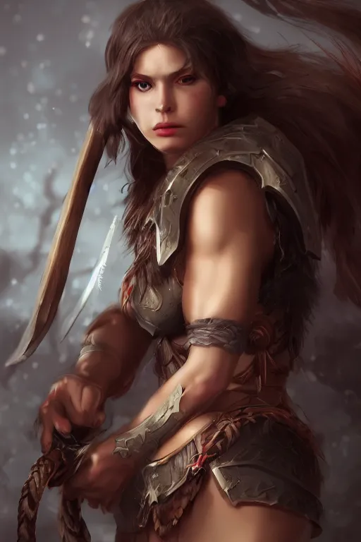 Image similar to head and shoulders focus portrait of a barbarian female high quality focus by wlop and rosstran