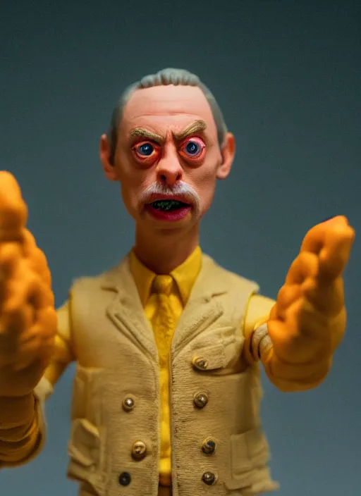 Image similar to product photography of a claymation action figure fluffy neon oled steve buscemi, depth of field, zeiss lens, detailed, centered, by erwin olaf, joop geesink, wes anderson, breathtaking, 8 k resolution, extremely detailed, beautiful, establishing shot, realistic materials, hyperrealistic