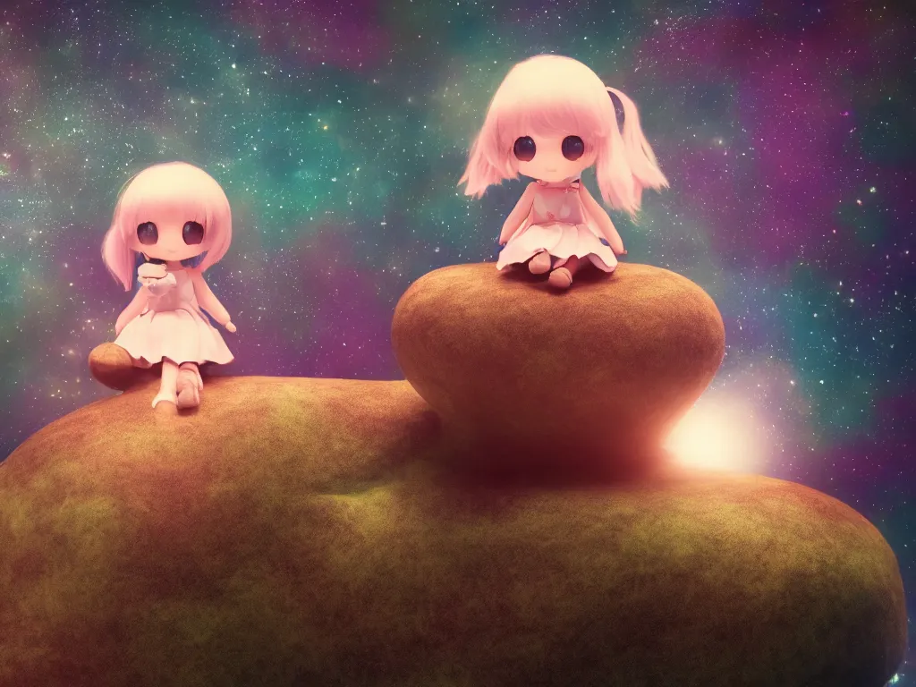 Image similar to cute fumo plush girl sitting on a small island floating in the dark galactic abyss, vignette, bokeh, vray