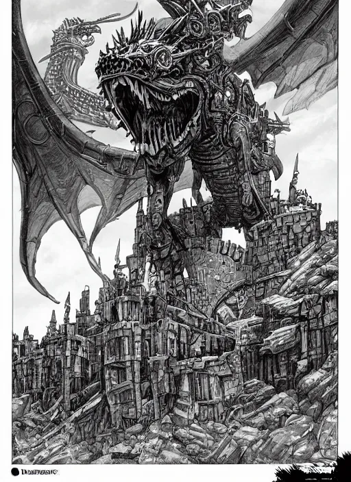 Image similar to detailed fantasy comic book drawing of a ( giant mechanical dragon ) over a ( stronghold castle ) by dariusz zawadski and simon stalenhag, simon bisley!, jack kirby!!! and gris grimly, cinematic, epic, awesome color palette, hard contrast, ink outlines