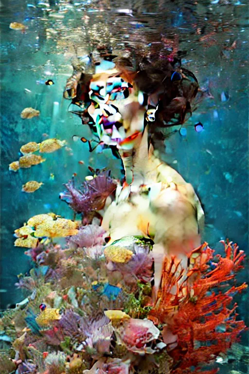 Image similar to portrait of a beautiful mysterious woman holding a bouquet of flowing flowers, small bubbles from her mouth, hands hidden under the bouquet, submerged underwater filled with colorful small fish and coral reef, fantasy, regal, intricate, by stanley artgerm lau, greg rutkowski, thomas kindkade, alphonse mucha, loish, norman rockwell