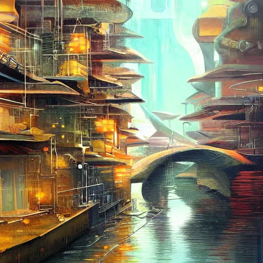 Image similar to Narrow cosy waterway in futuristic sci-fi city in harmony with nature. Nice colour scheme, soft warm colour. Beautiful detailed painting by Lurid. (2022)