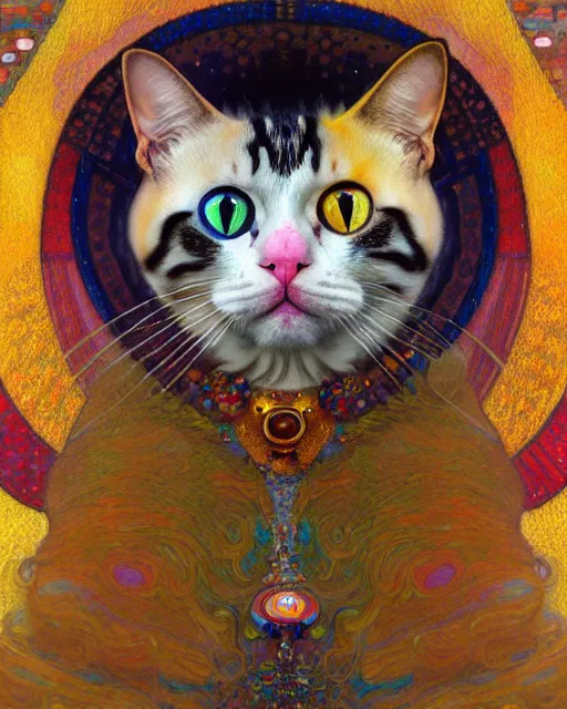 Image similar to clown cat portrait an oil painting splashes with many colors and shapes by gustav klimt greg rutkowski and alphonse mucha, polycount, generative art, psychedelic, fractalism, glitch art