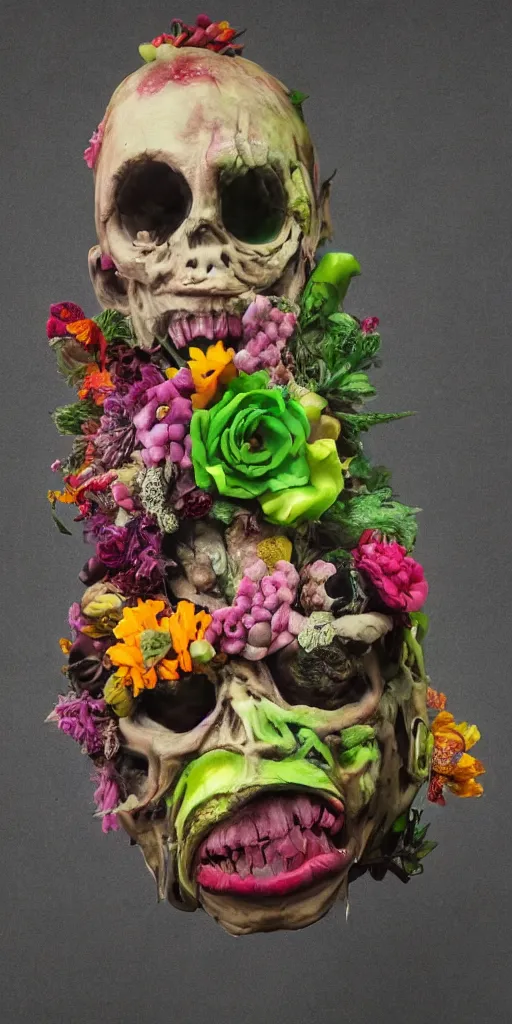 Image similar to portrait of a zombie punk, head made of fruit and flowers in the style of arcimboldo, photorealistic, dynamic lighting, action figure, clay sculpture, claymation, soft multicolor background