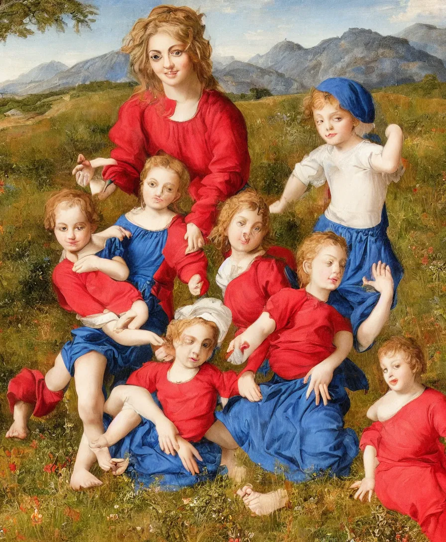 Prompt: Detailed Portrait of beautiful Madonna with blue skirt and a red shirt and two boys playing in the style of Raffael. The boys are very small and only cloth is blue linen. They are sitting in a dried out meadow. In the background, there is a lake with a town and mountains. Flat perspective.