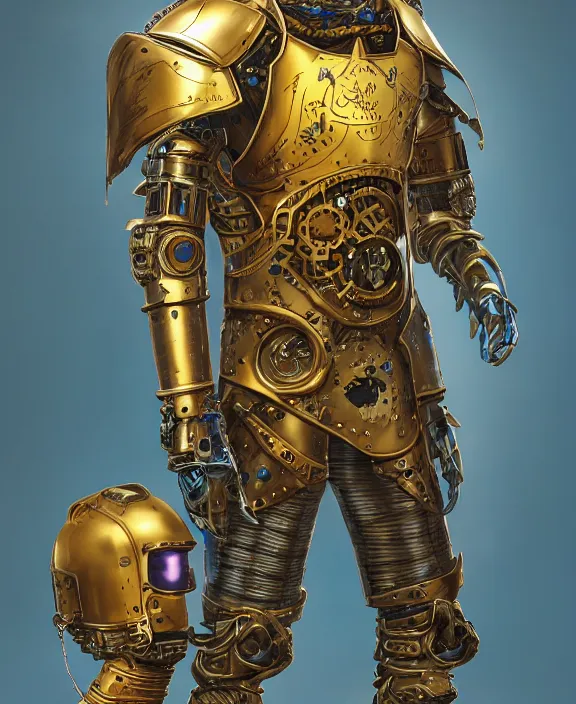 Prompt: a portrait of an armoured warrior with golden steampunk armour and a futuristic helmet with a cybernetic holographic visor by Moebius, 4k resolution, photorealistic