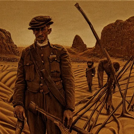 Image similar to ultra detailed photorealistic sepia - toned painting from 1 9 1 7, a british officer in field fear standing at an archaeological dig site in wadi rum, ultra realistic, painted, intricate details, lovecraft, atmospheric, dark, horror, brooding, highly detailed, by angus mcbride