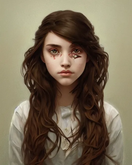 Prompt: symmetry!! portrait of 1 5 - year - old girl with voluminous bushy brown hair, large front teeth, and bright piercing brown eyes, highly detailed, digital painting, artstation, concept art, smooth, sharp focus, illustration, art by artgerm and greg rutkowski and alphonse mucha