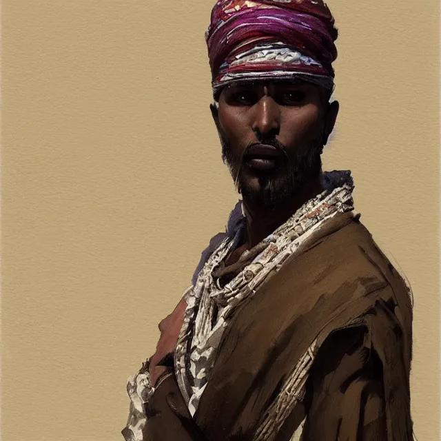 Prompt: somali man, somali attire, portrait, elegant, intricate, digital painting, artstation, concept art, smooth, sharp focus, illustration, art by konstantin korovin and daniel f. gerhartz and john howe