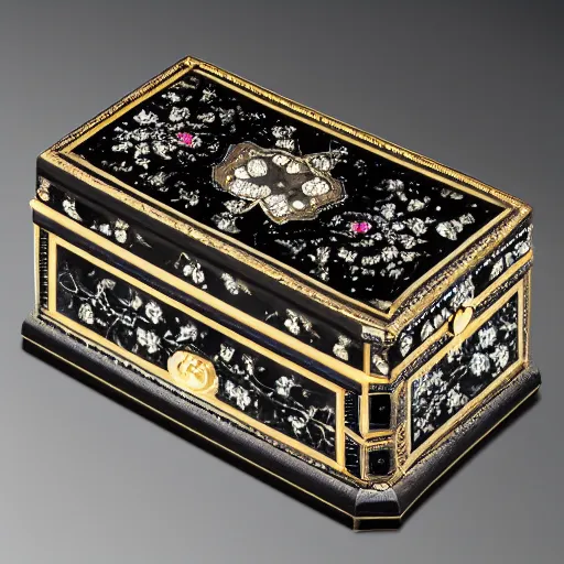 Image similar to a photo of a black jewellery box with intricate ultra detailed iridescent mother - of - pearl inlay on a black background photorealistic 8 k