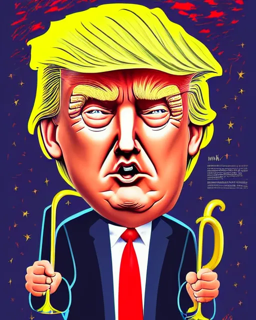 Prompt: painting portrait of trump with trumpet hair, cartoon, warm lighting, trump has hair as a trumpet, trumps hair is coming out as trumpet. movie poster, illustration by bartek fedyczak, erak note, tooth wu, neil richards, kan liu, siwoo kim, jisu choe, trending on art station