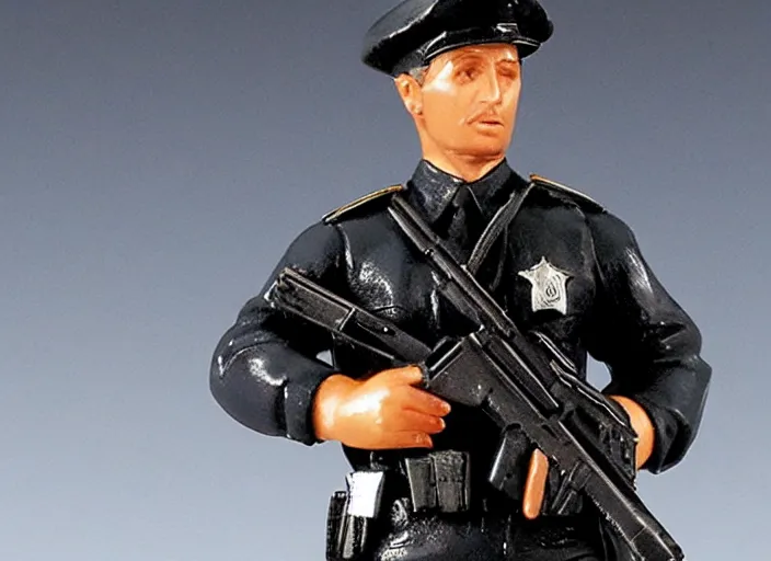 Prompt: Image on the store website, eBay, 80mm Resin figure model of a cop with pistol.