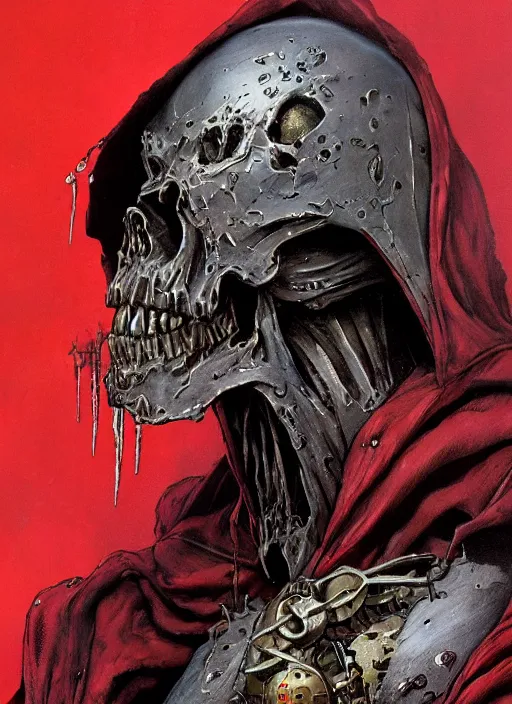 Image similar to portrait of rotten zombie skull adeptus mechanicus in red hood and robe from Warhammer 40000. Highly detailed, artstation, illustration by and John Blanche and zdislav beksinski and wayne barlowe