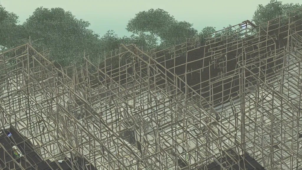 Prompt: In the scaffold construction tower I radioed my friend a code that I spotted a plot of land in the distance, screen print by Kawase Hasui and dan hillier, 8k unreal engine