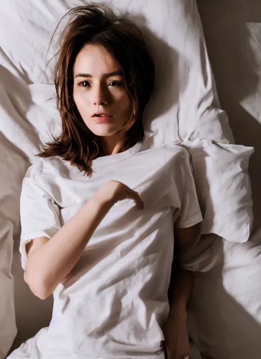 Prompt: a woman posing, beautiful face, serious expression, brown hair, laying on a bed, wearing pants and a t-shirt, backlit, photo by Marat Safin, Canon EOS R3, f/1.4, ISO 200, 1/160s, 8K, RAW, unedited, symmetrical balance, in-frame