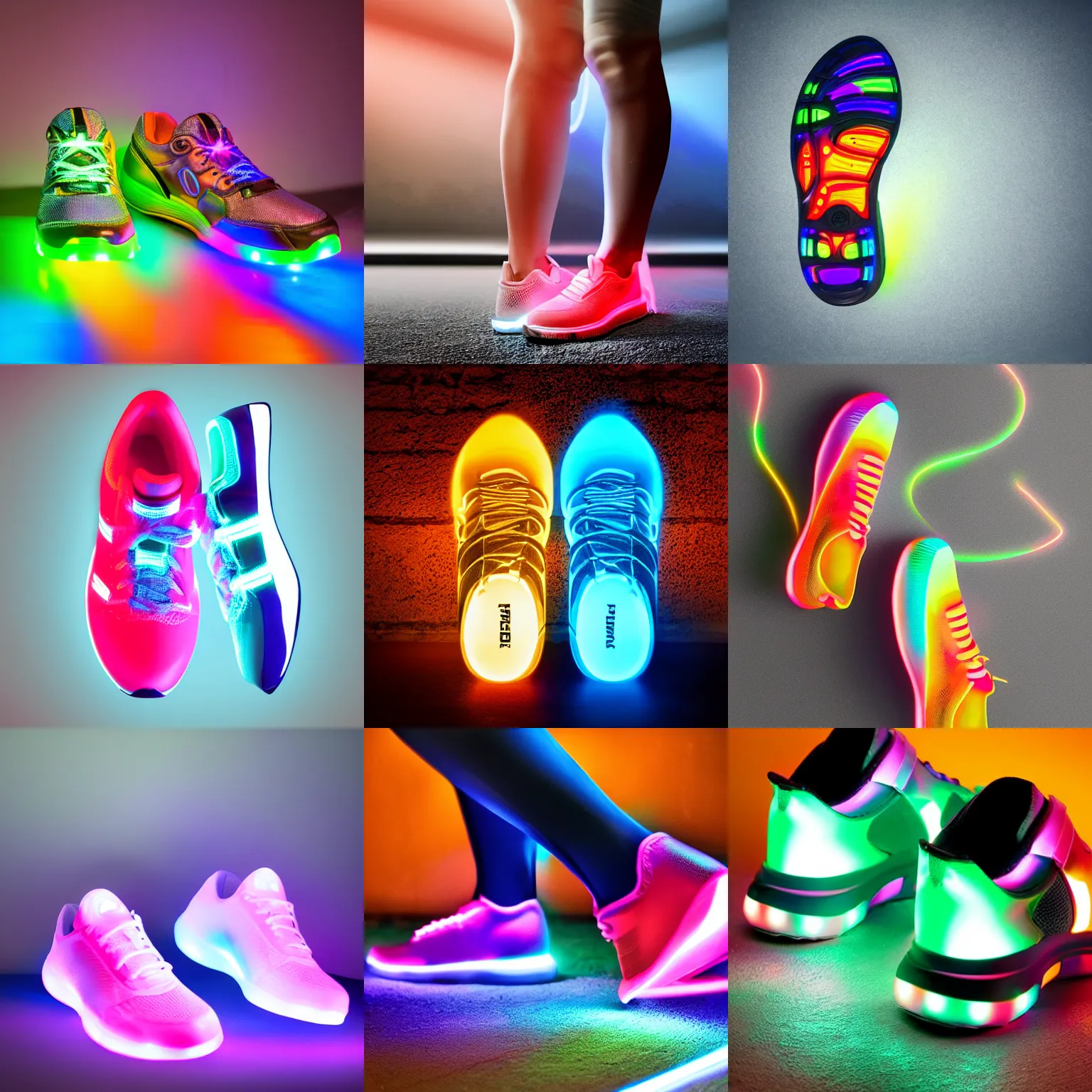 Prompt: award - winning futuristic glowing colored light pair of running shoes studio photography