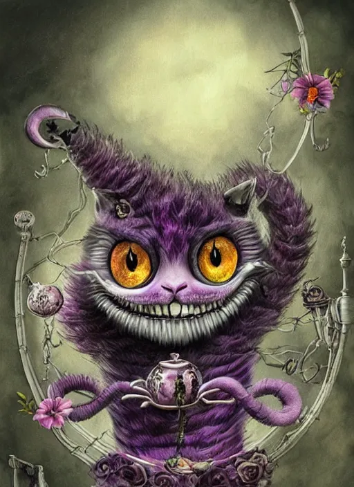 Prompt: cheshire cat having tea death tarot card, highly detailed, half skull face, cinematic, 8 k, bymegan duncanson, benjamin lacombe, naoto hattori, adrian borda, giger, trending on deviantart, hyper detailed, horror, full of colour