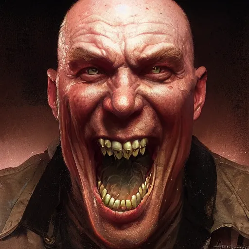 Image similar to portrait of a red bald man with black eyes and a black teeth, horror, glowing eyes, by Stanley Artgerm Lau , greg rutkowski, thomas kindkade, alphonse mucha, loish, norman rockwell. Trending on artstation detailed illustration hd 4k