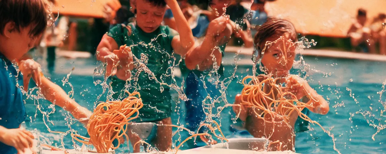 Image similar to shame at sea world playing with spaghetti, water splashing,, small details, intricate, sharply focused, canon 5 0 mm, wes anderson film, kodachrome