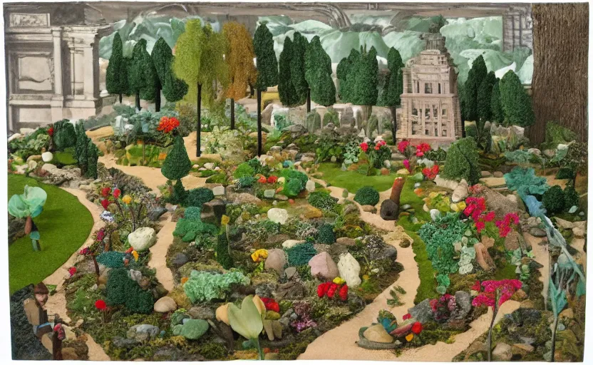 Image similar to a landscape claymation of a garden in a park, collage, henri berthaut, art - deco, miner kilbourne kellogg, gardens