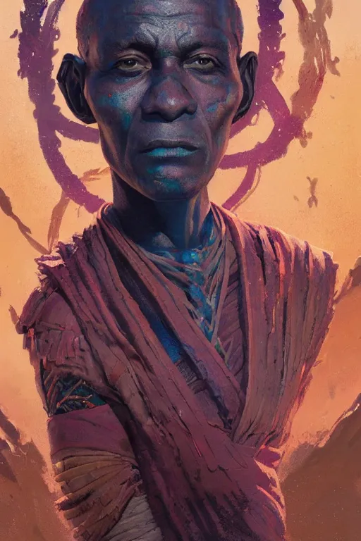 Image similar to a full body sci-fi portrait, oil painting, illustration of an old African Jedi, colourful, by Justin Sweet and Greg Rutkowski and Alphones Much