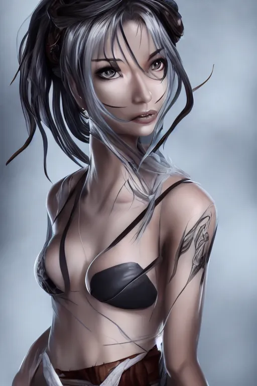 Prompt: heroine, beautiful, full body portrait, thin but strong samurai woman, open shirt, 6 pack, symmetrical beautiful face, relaxed pose, ultra detailed, digital art, 8 k, character, realistic, hyperrealistic