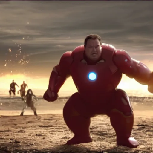 Image similar to obese rotund ironman lifting mjolnir, cinematic shot from the avengers movie