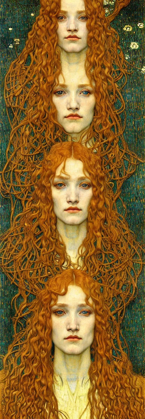 Image similar to detailed realistic beautiful young medieval queen face portrait by jean delville, gustav klimt and vincent van gogh, art nouveau, symbolist, visionary, gothic, pre - raphaelite, muted earthy colors, desaturated