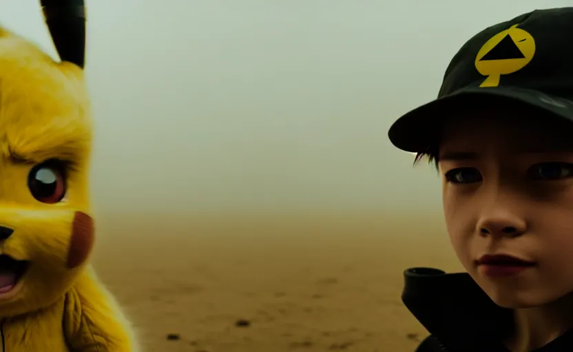 Image similar to cinestill 5 0 d candid photographic portrait by helen levitt of pikachu wearing black rugged techwear on a desolate plain, extreme closeup, modern cyberpunk moody emotional cinematic, dust storm, 8 k, hd, high resolution, 3 5 mm, f / 3 2, ultra realistic faces, detective pikachu ( 2 0 1 9 )