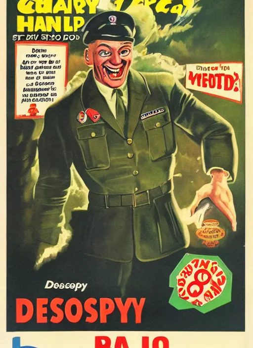 Prompt: creepy Tank Dempsey with a scary comically large smile, 1940s scare tactic propaganda art