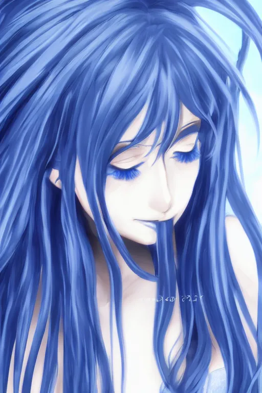 Prompt: close up portrait of an anime girl, blue long hair, by mai yoneyama, anime stile, cell shading, blurred background