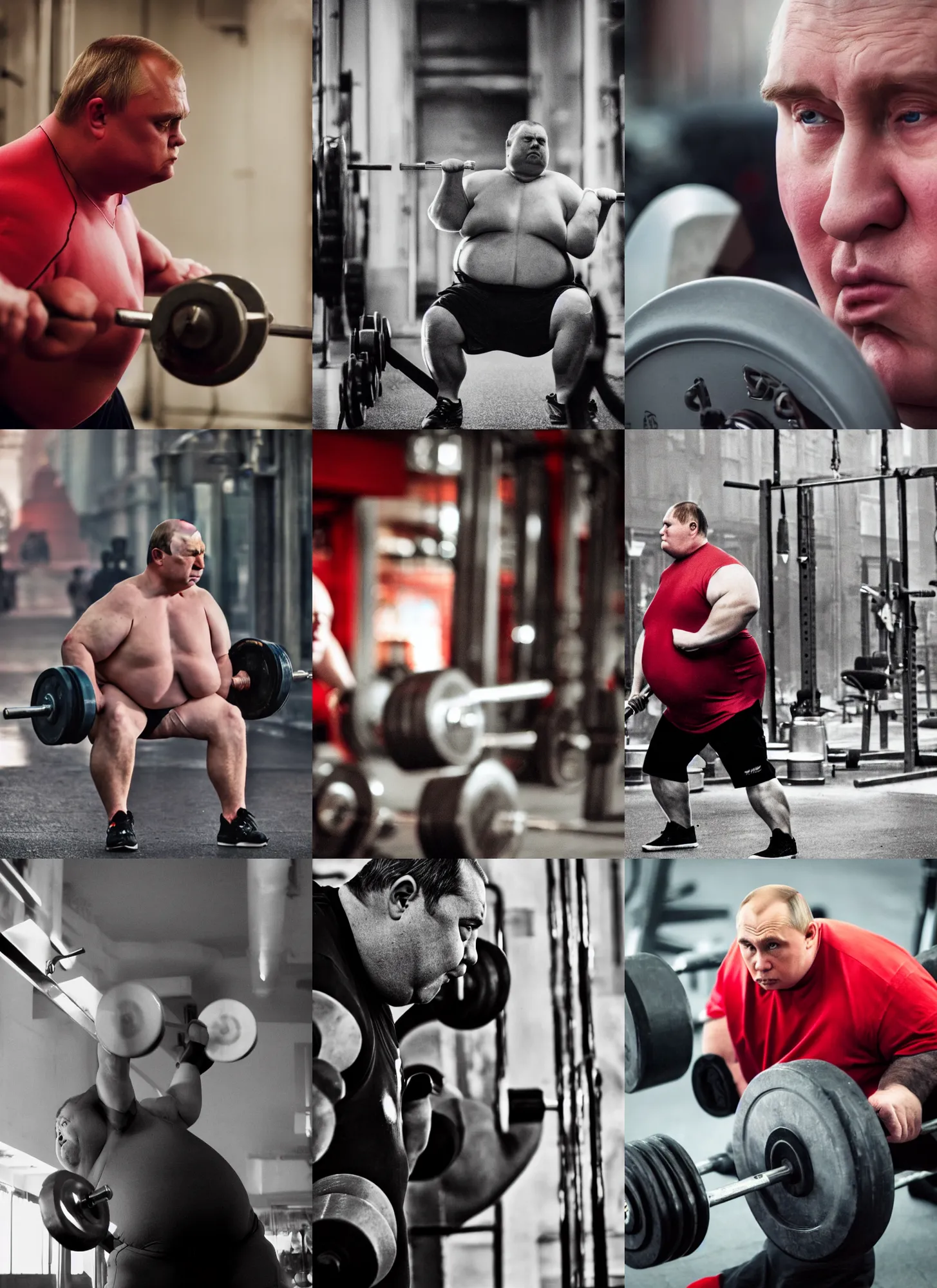 Prompt: medium close up portrait shot photo of obese vladimir putin pumping iron in moscow street, movie still, bokeh, cinematic lighting, dramatic, film, photography, depth of field, 8 k, hyper detailed,