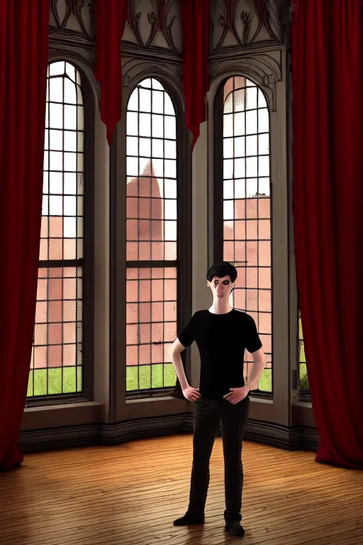 Image similar to androgynous male with black short hair and pale skin is standing in front of a mirror surrounded by victorian interior in a room with tall windows dark red curtains and moos green flooring by leonardo da vinci. volumetric lighting, petspective room layout