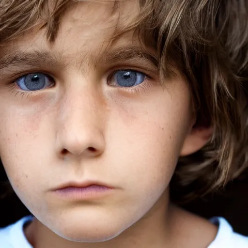 Prompt: a closeup portrait of a boy with brown hair and brown eyes. Extremely clear and high quality eyes with reflection in this, realistic face and details, clear lips and high quality