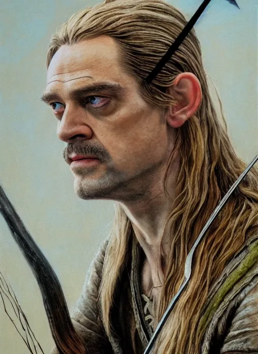 Prompt: portrait of steve buscemi as legolas, action shot, elven archer, by alan lee, lord of the rings, smooth, detailed terrain, oil painting, matte painting, concept art, trending on artstation, promotional artwork, film still, elegant, photorealistic facial features, intricate, detailed face, cinematic lighting