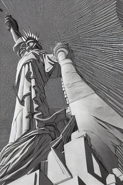 Prompt: ultra wide angle shot of an impossibly tall guillotine, next to the statue of liberty, surrealism, in the style of terry gilliam