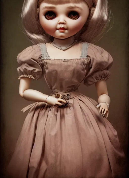 Image similar to highly detailed wide - angle portrait of a retro doll with low detail simple hands, nicoletta ceccoli, mark ryden, lostfish, earl nore, hyung tae, frank frazetta, global illumination, detailed and intricate environment