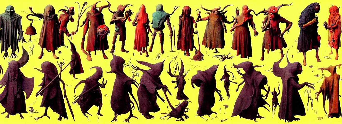 Image similar to full - body surreal colorful demonic rpg character concept art anatomy, action pose, very coherent and colorful high contrast masterpiece by norman rockwell franz sedlacek hieronymus bosch dean ellis simon stalenhag rene magritte gediminas pranckevicius, dark shadows, sunny day, hard lighting, reference sheet white! background