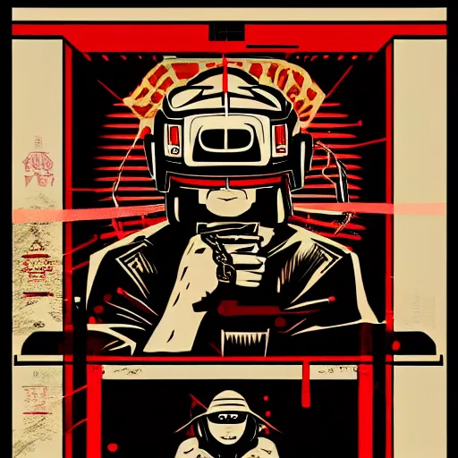 Image similar to Illustrated by Shepard Fairey and H.R. Geiger | Cyberpunk Samurai with VR helmet, surrounded by cables