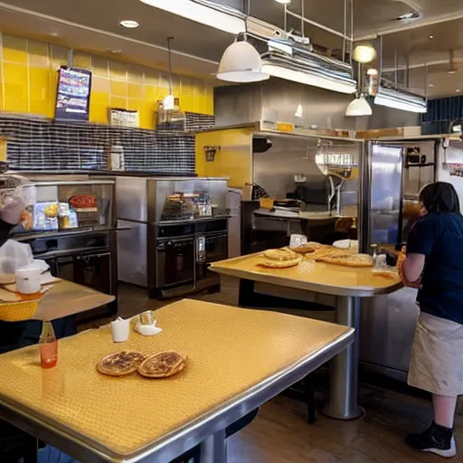 Prompt: busy wafflehouse interior with customers eating breakfast and wafflehouse employees serving food and cooking behind countertop