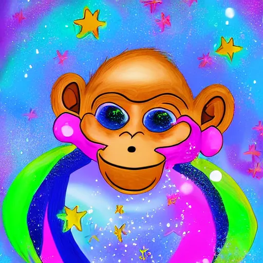 Image similar to excited young monkey underwater, sparkly, colorful, digital painting