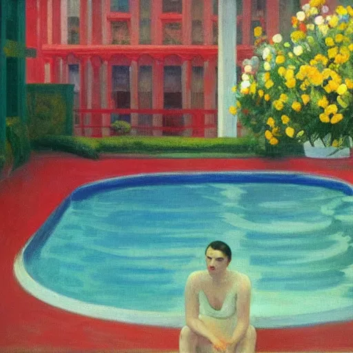 Prompt: a swimming pool in the middle of flowers by Edward Hopper