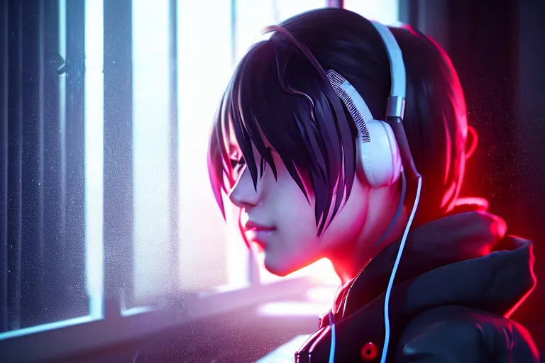 Prompt: a girl with headphones is looking at a rainy window in the style of a code vein character creation, cyberpunk art by Yuumei, cg society contest winner, rayonism light effects and bokeh, daz3d, vaporwave, deviantart hd , the secret world