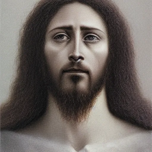 Prompt: masterpiece closeup portrait of Jesus in the style of Zdzislaw Beksinski