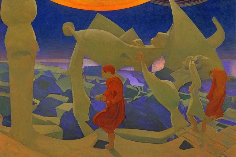 Image similar to the wake of the unseen object,by Nicholas Roerich and William Dyce and Diego Rivera, symbolist, dramatic lighting, elaborate geometric ornament, cool blue and green colors, Art Brut, smooth, sharp focus, extremely detailed