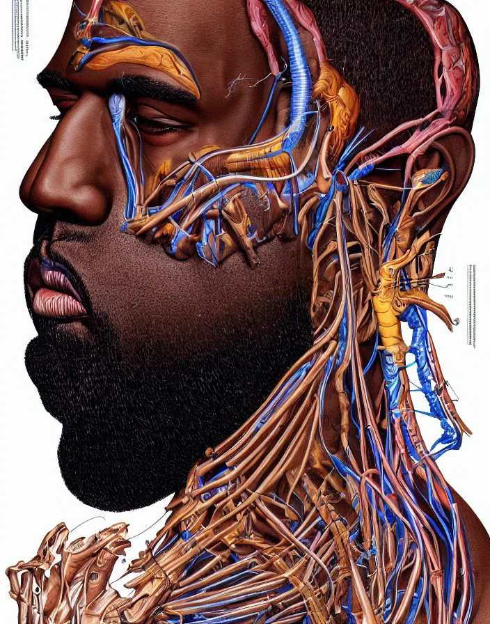 Image similar to an anatomical illustration of Kanye West from a medical journal by Nychos and Alex Grey, highly detailed, high detail, 8k