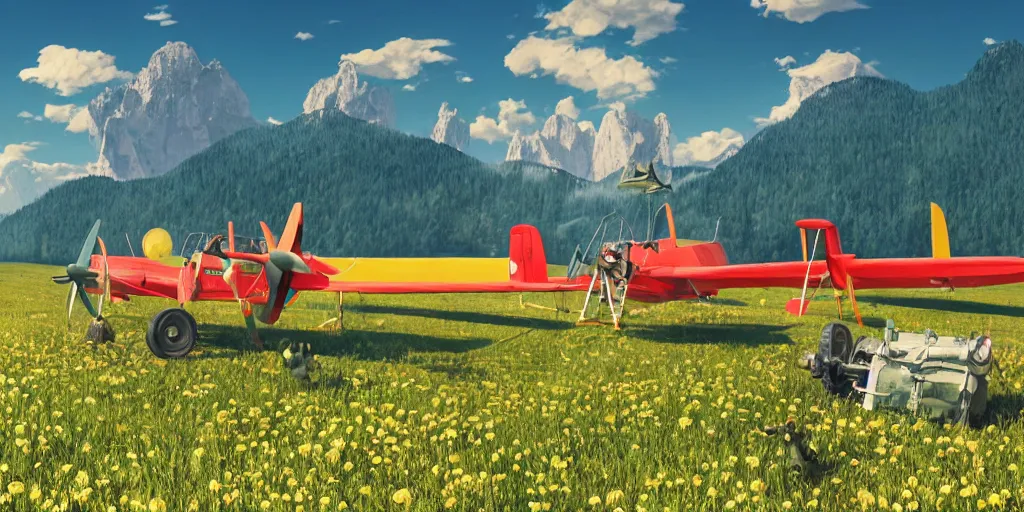 Image similar to a ultra photorealistic and sharp film still of an a sunny and colourful airfield in 1 9 1 6 in the middle of the bavarian alps, germany. parking and flying airplanes, wide shot, frog perspective, wes anderson, studio ghibli, pixar and disney animation, octane render, anime key art by greg rutkowski, dramatic lighting, award winning photography