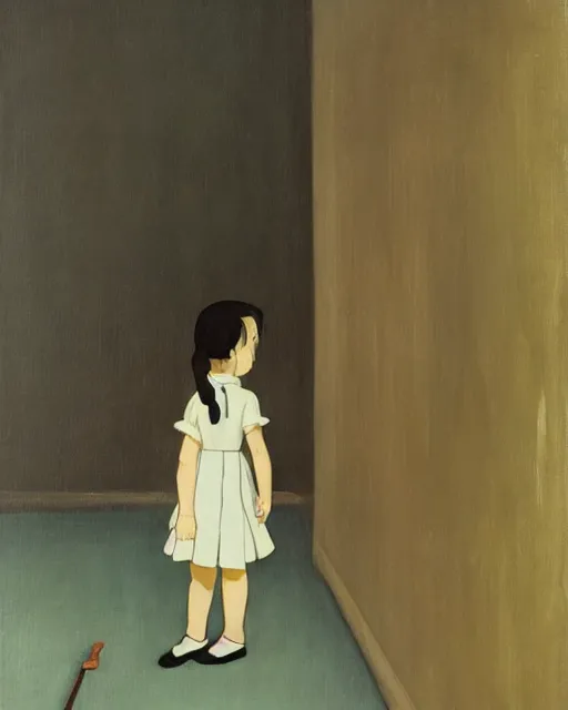 Prompt: little girl in school uniform, minimalist oil painting by studios ghibli and makoto shinkai, inspired by balthus and celeste, anatomically correct