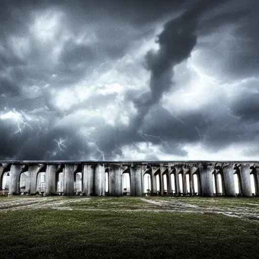 Image similar to Stormy sky with thunders, pipes and vaults system in the background, depth of field, blueshift render, photorealistic