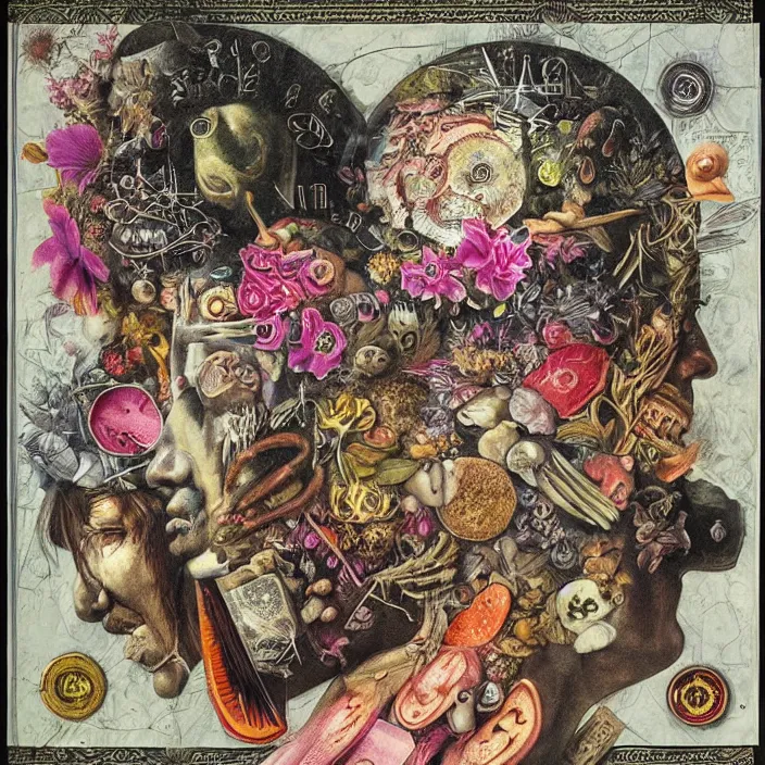 Prompt: new age album cover, asymmetrical design, dollar bank notes, capitalism, magic, psychedelic, black white pink, highly detailed, magic, giger h. r., giuseppe arcimboldo